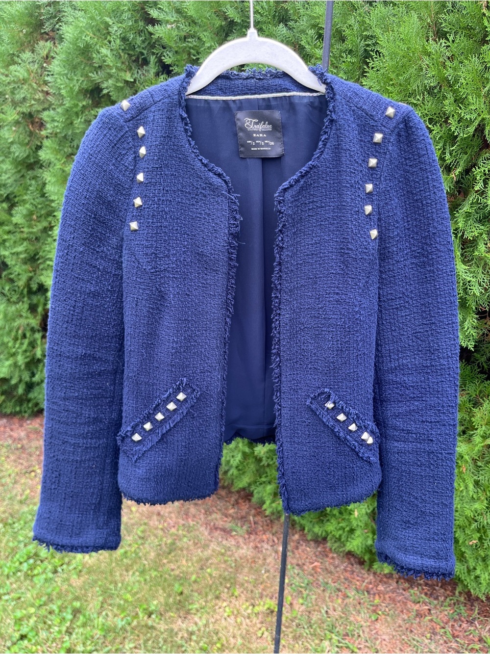 Zara Navy Tweed Studded Blazer